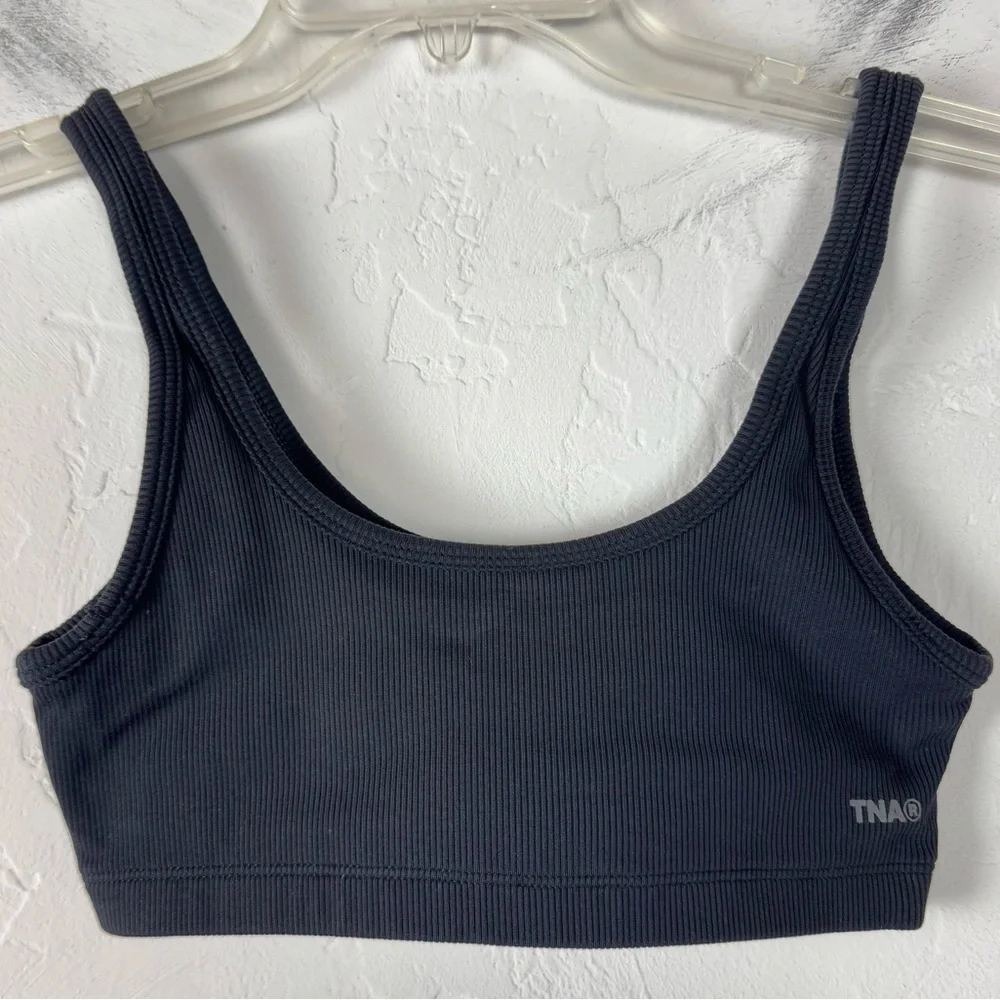 Aritzia TNA Formarib Mini Bra Top Bralette Pull On Crop Shirt Knit Ribbed Black - Picture 1 of 6